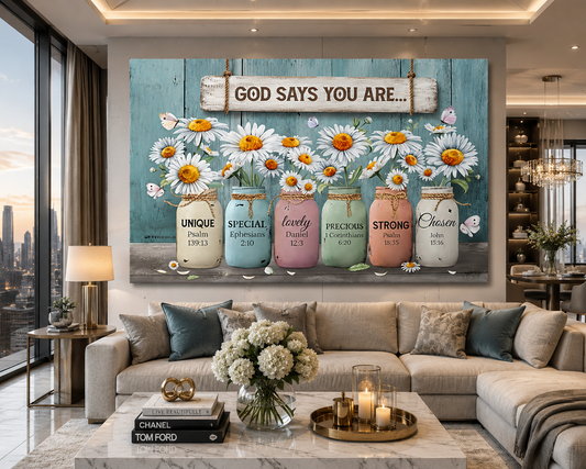 God Says You Are Unique Special Precious Strong Chosen Christian Canvas Wall Art | Daisy Mason Jar Farmhouse Decor | Inspirational Bible Verse Wall Decor