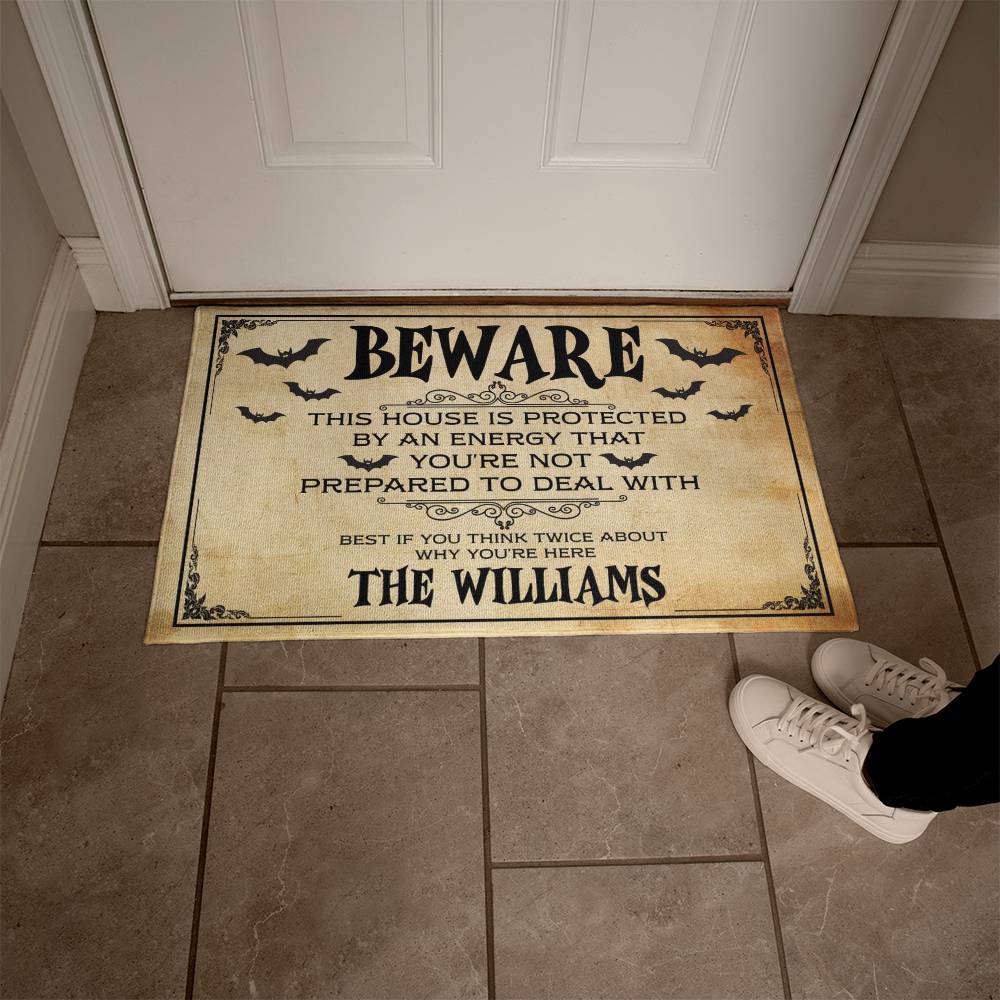 Personalized Halloween Doormat, Custom Beware Welcome Mat with Family Name, Spooky Front Porch Decor, Haunted House Entryway Mat