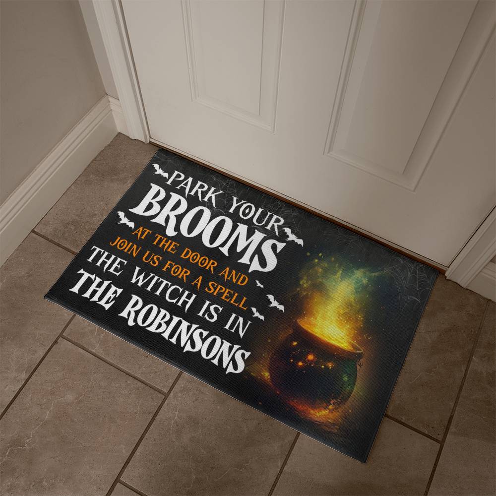 Personalized Halloween Doormat, Custom Witch Welcome Mat with Family Name, Park Your Brooms Funny Front Porch Decor