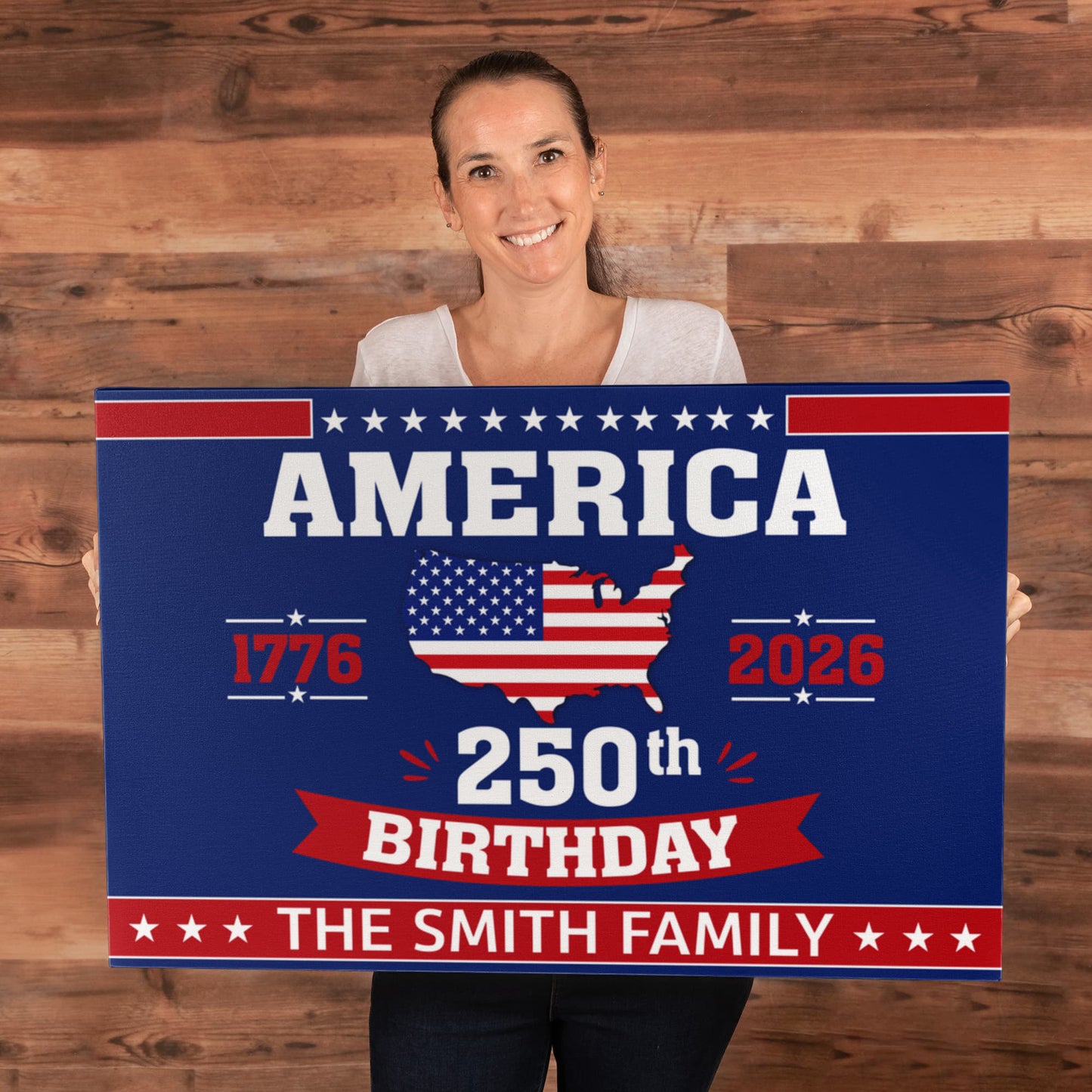 Personalized America 250th Birthday Gallery Wrapped Canvas – Custom Family Name Patriotic Wall Art