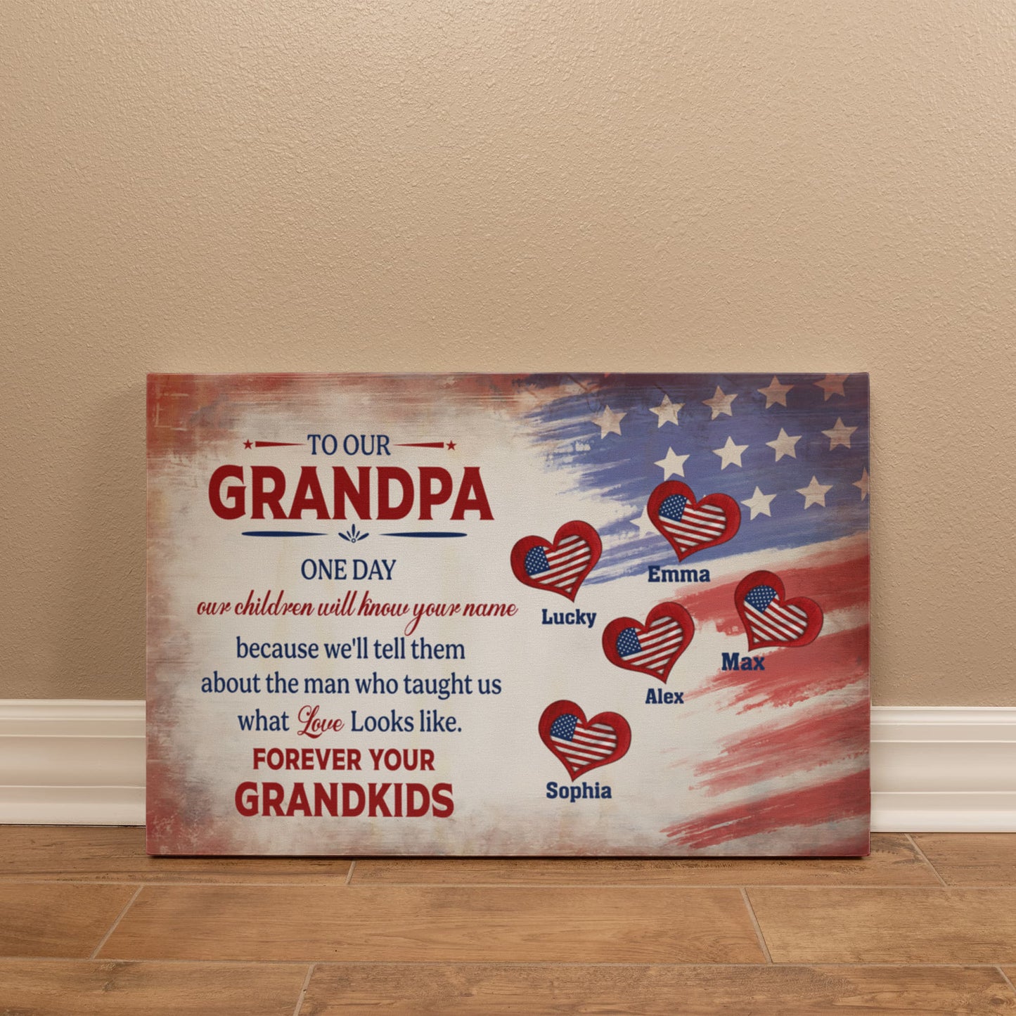 Personalized To Our Grandpa Canvas – Custom Grandkids Names Patriotic Family Wall Art