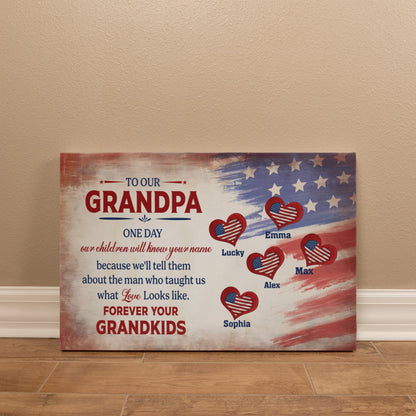 Personalized To Our Grandpa Canvas – Custom Grandkids Names Patriotic Family Wall Art