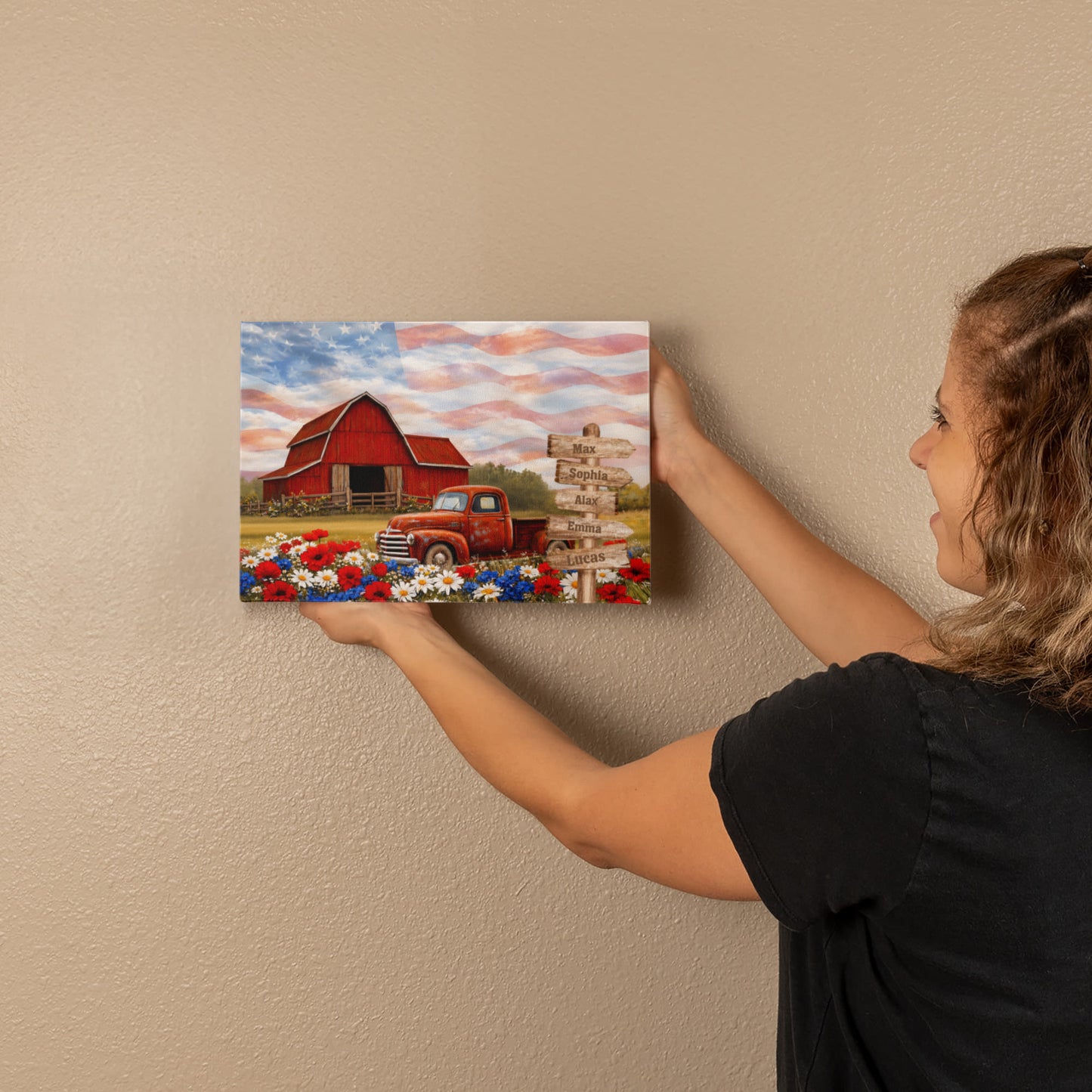 Personalized Patriotic Grandpa Canvas – Custom Grandkids Names Farmhouse American Flag Wall Art