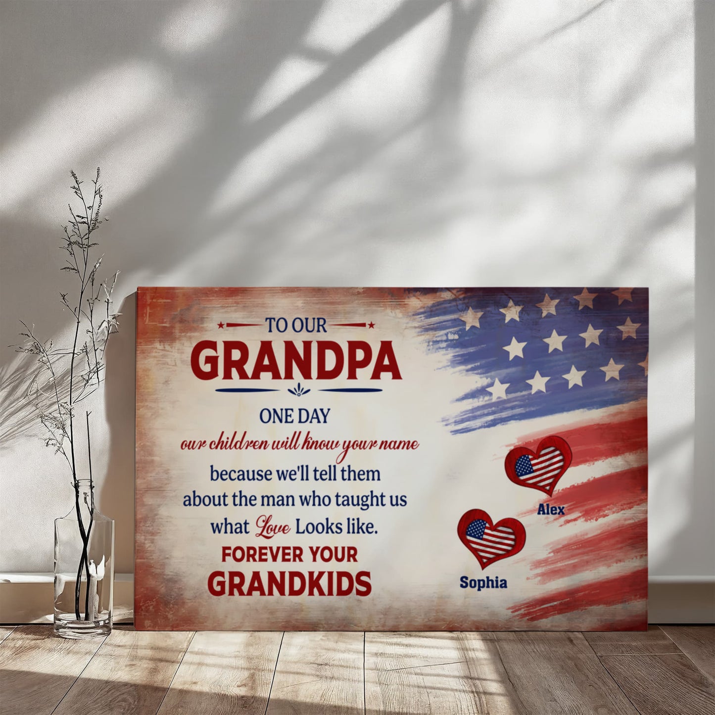Personalized To Our Grandpa Canvas – Custom Grandkids Names Patriotic Family Wall Art