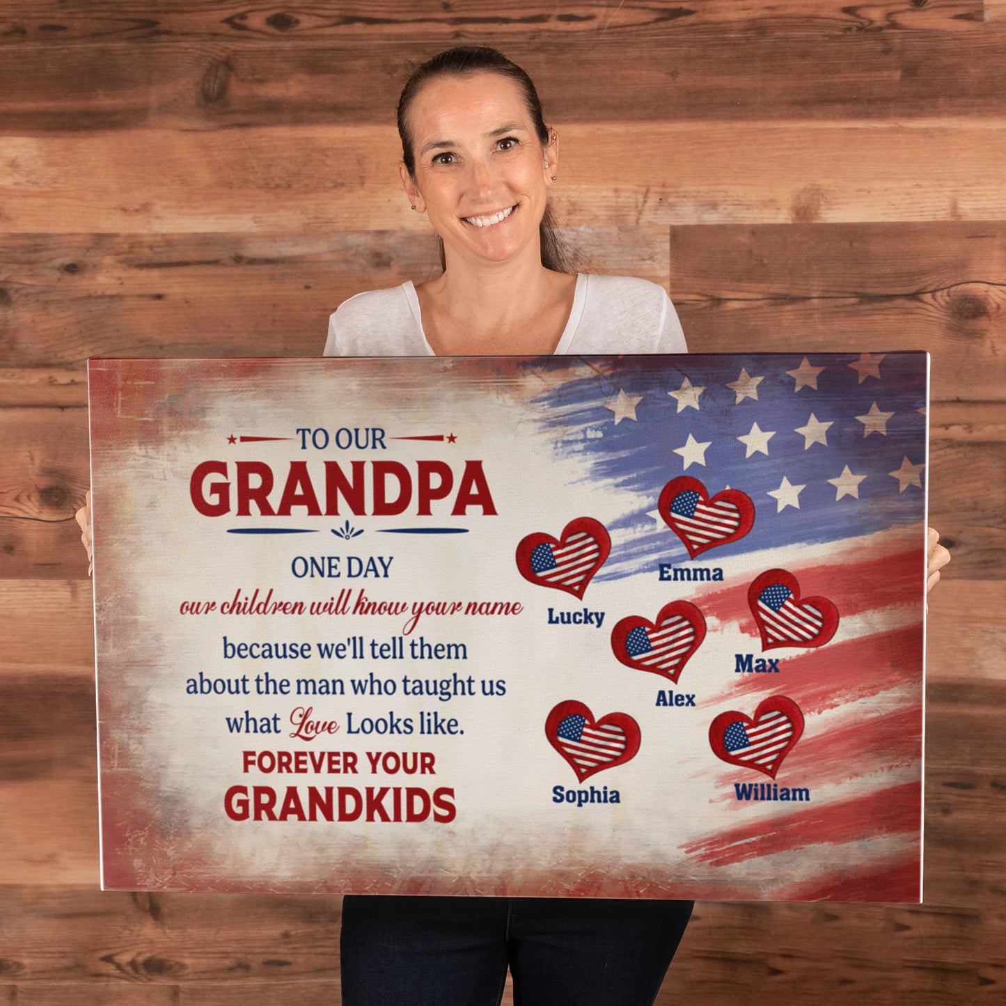 Personalized To Our Grandpa Canvas – Custom Grandkids Names Patriotic Family Wall Art