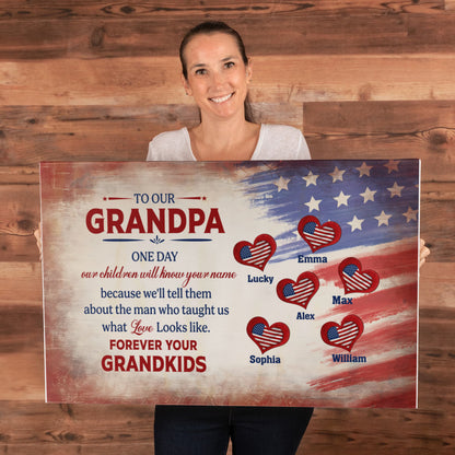 Personalized To Our Grandpa Canvas – Custom Grandkids Names Patriotic Family Wall Art