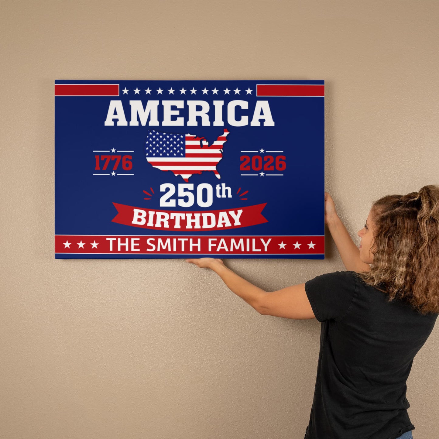 Personalized America 250th Birthday Gallery Wrapped Canvas – Custom Family Name Patriotic Wall Art