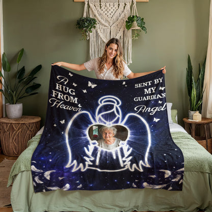 Hug From Heaven Memorial Blanket | Sent by My Guardian Angel Personalized Photo Blanket | Sympathy Gift for Loss of Loved One