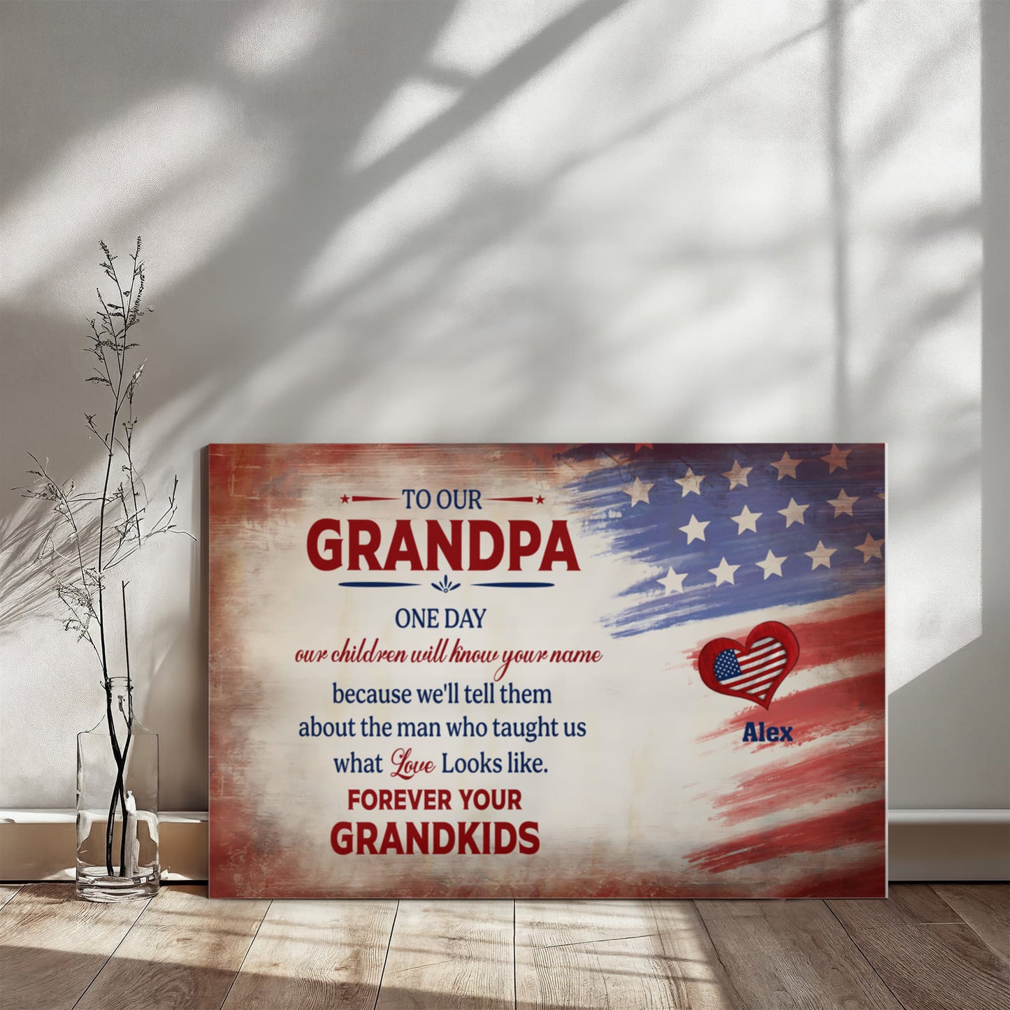 Personalized To Our Grandpa Canvas – Custom Grandkids Names Patriotic Family Wall Art