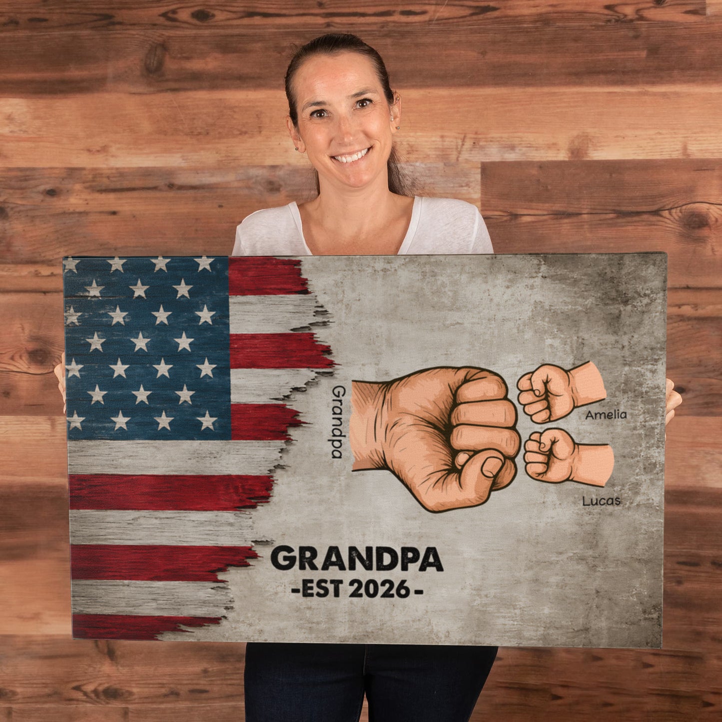 Personalized Grandpa Fist Bump Canvas – Custom Grandkids Names Patriotic Family Wall Art for Grandpa