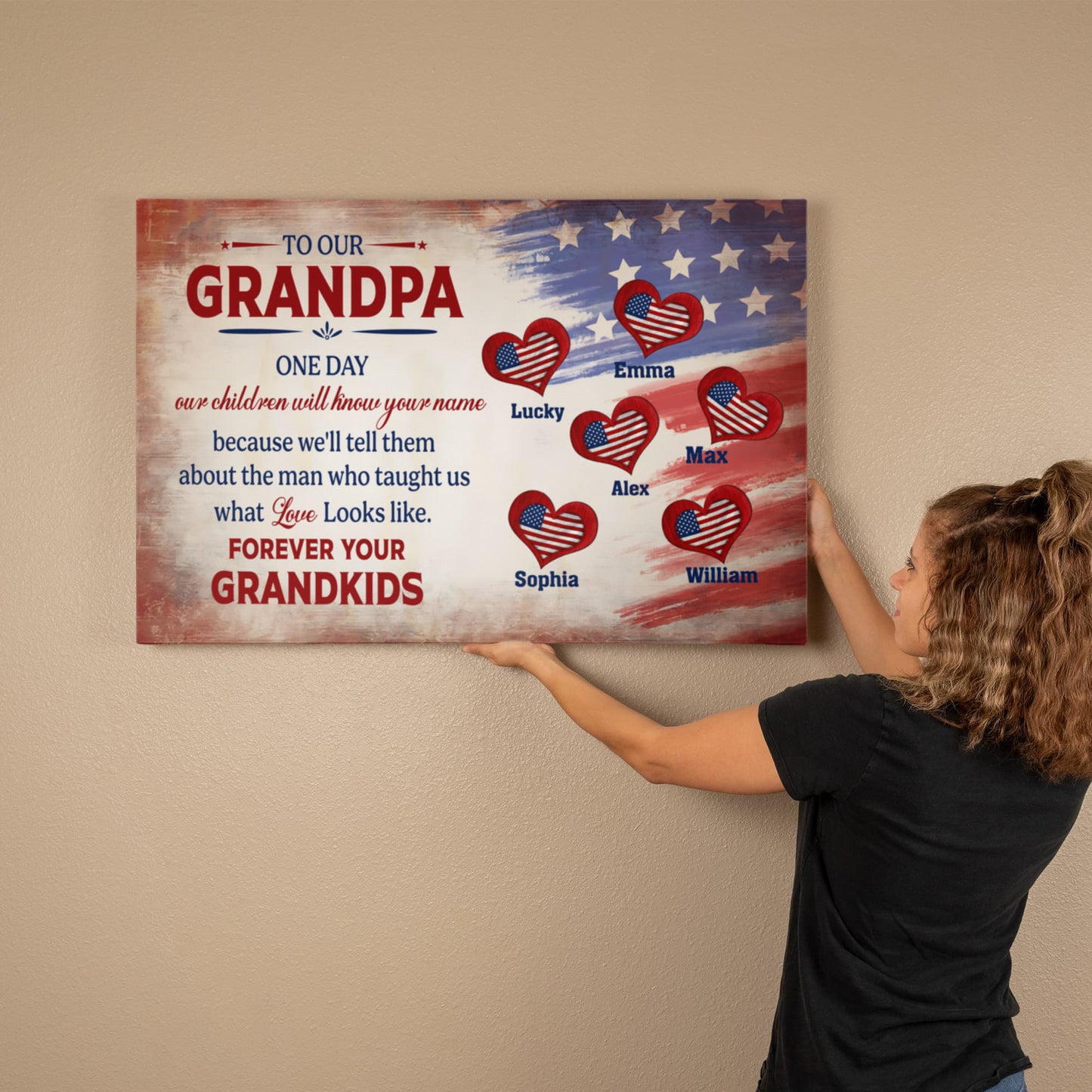 Personalized To Our Grandpa Canvas – Custom Grandkids Names Patriotic Family Wall Art