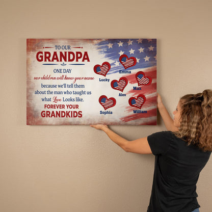 Personalized To Our Grandpa Canvas – Custom Grandkids Names Patriotic Family Wall Art