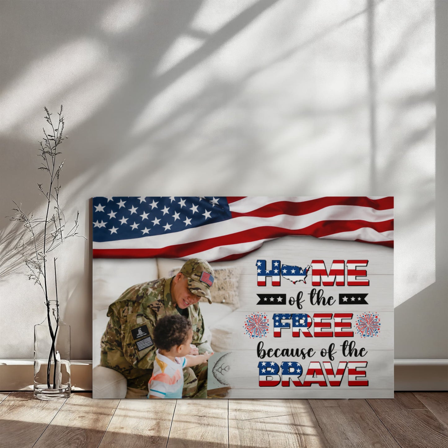 Personalized Patriotic Family Gallery Wrapped Canvas – Custom Home of the Brave Independence Day Wall Art