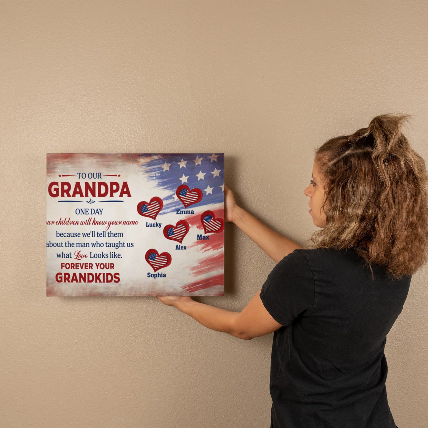Personalized To Our Grandpa Canvas – Custom Grandkids Names Patriotic Family Wall Art