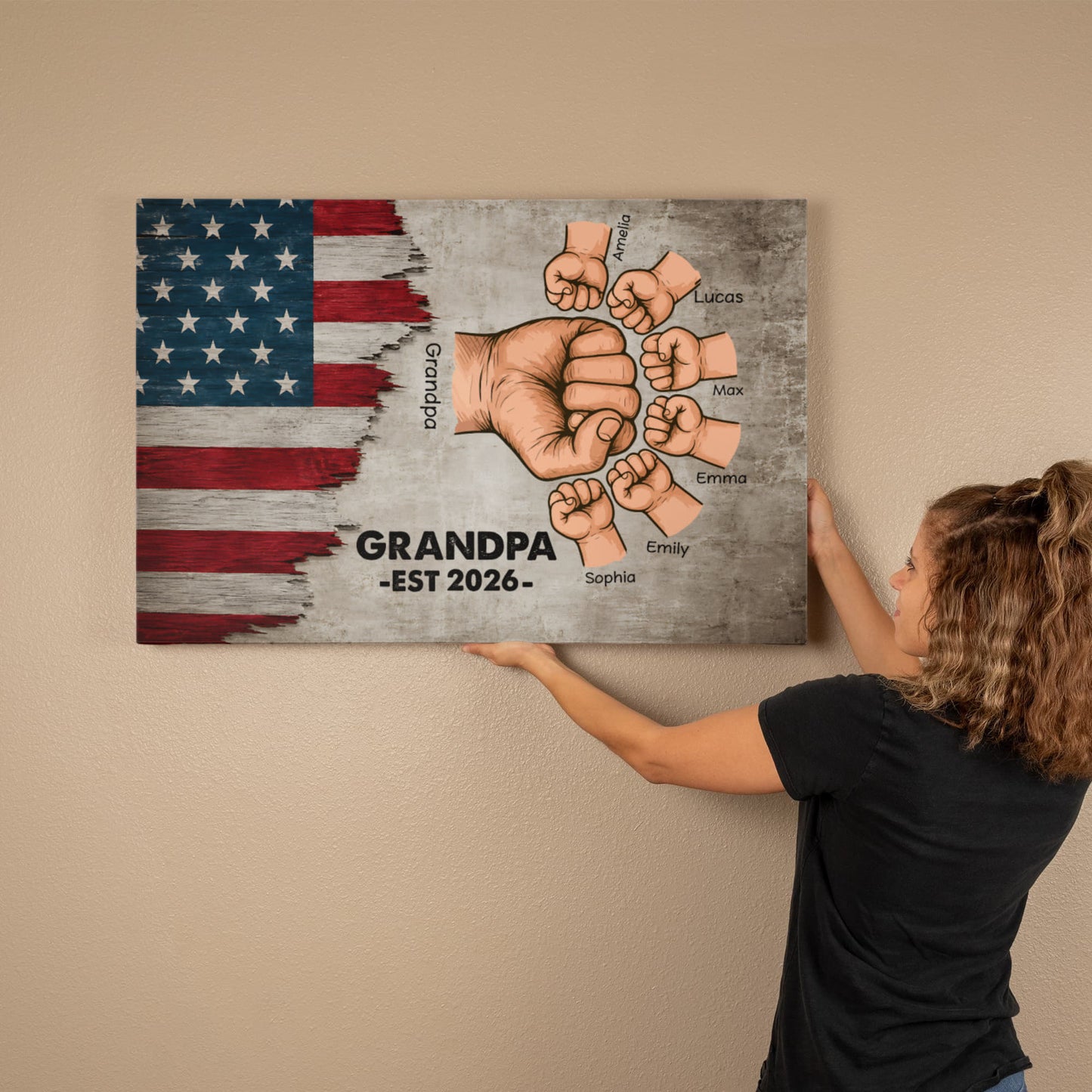 Personalized Grandpa Fist Bump Canvas – Custom Grandkids Names Patriotic Family Wall Art for Grandpa