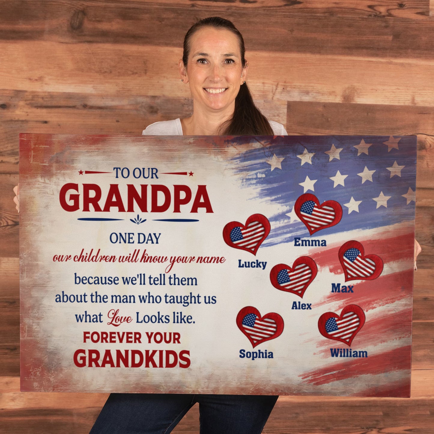 Personalized To Our Grandpa Canvas – Custom Grandkids Names Patriotic Family Wall Art