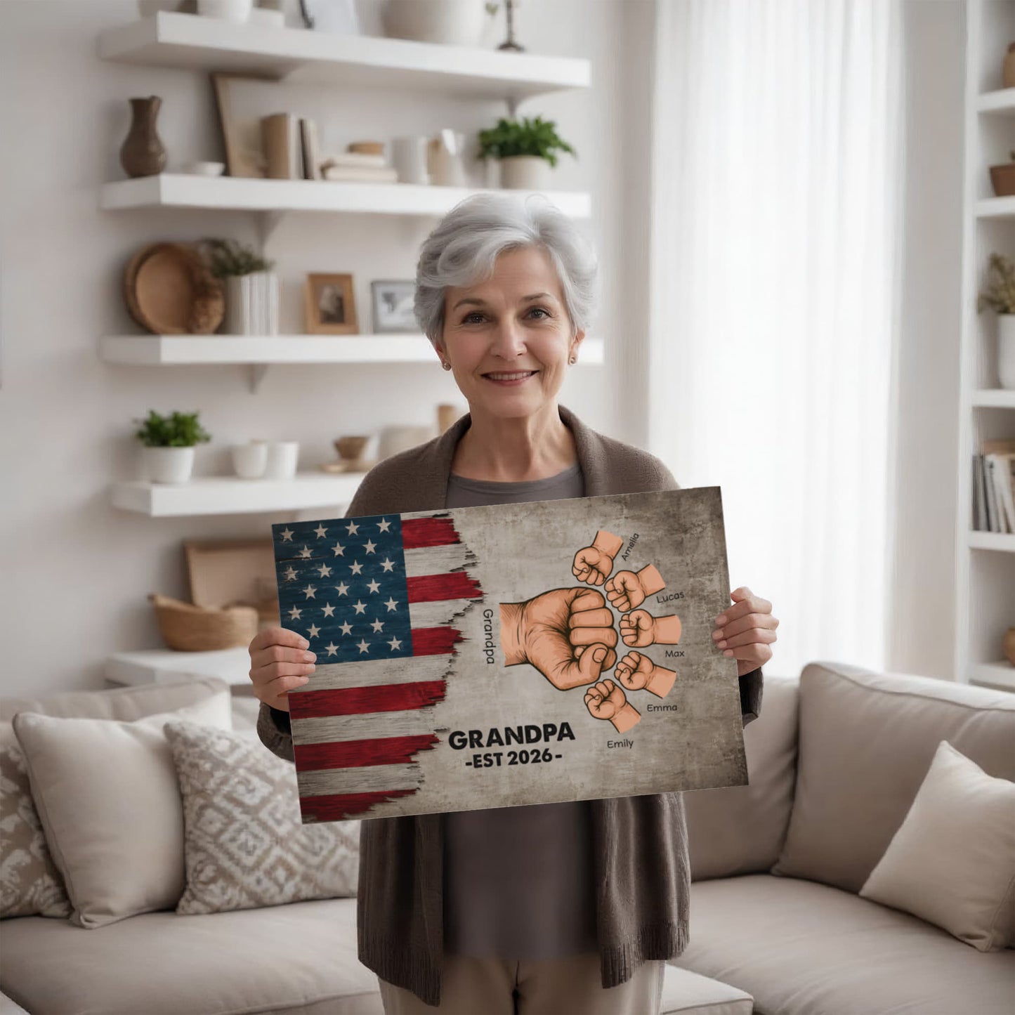 Personalized Grandpa Fist Bump Canvas – Custom Grandkids Names Patriotic Family Wall Art for Grandpa