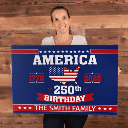 Personalized America 250th Birthday Gallery Wrapped Canvas – Custom Family Name Patriotic Wall Art