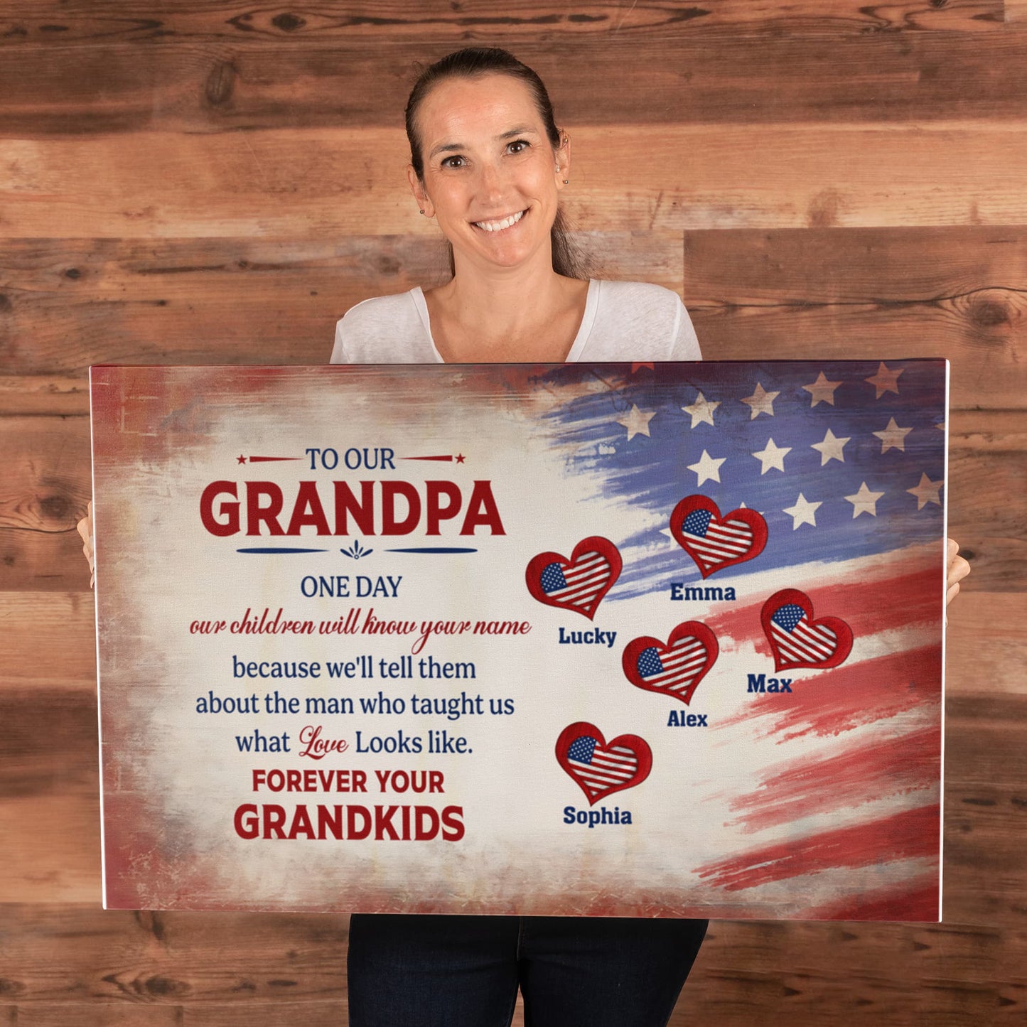 Personalized To Our Grandpa Canvas – Custom Grandkids Names Patriotic Family Wall Art