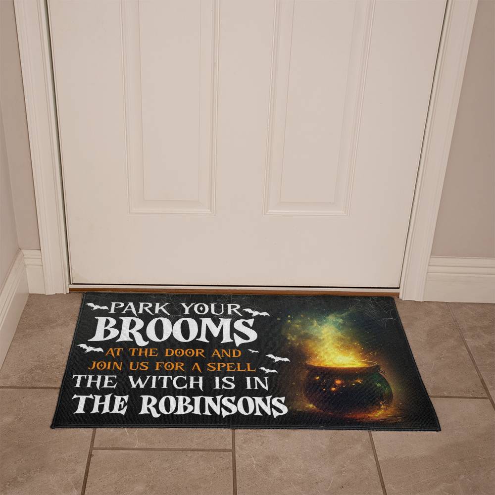 Personalized Halloween Doormat, Custom Witch Welcome Mat with Family Name, Park Your Brooms Funny Front Porch Decor