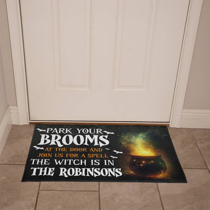 Personalized Halloween Doormat, Custom Witch Welcome Mat with Family Name, Park Your Brooms Funny Front Porch Decor