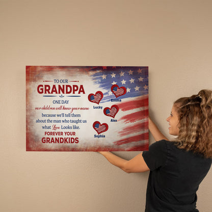 Personalized To Our Grandpa Canvas – Custom Grandkids Names Patriotic Family Wall Art