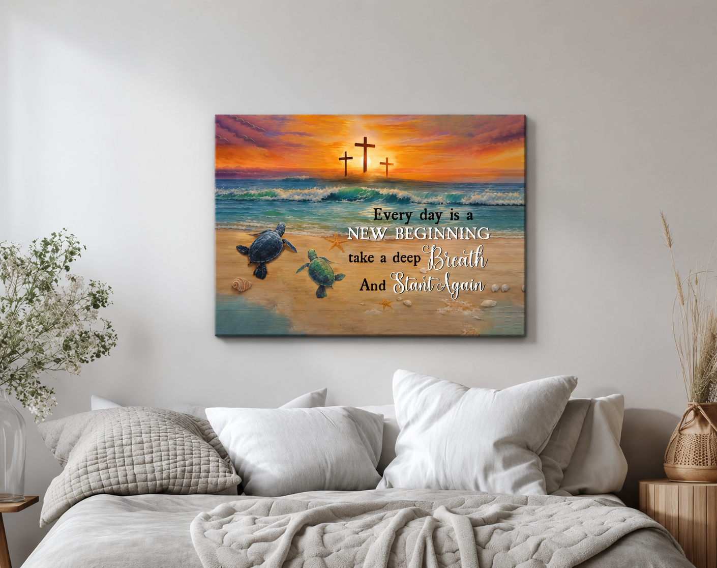 Every Day Is a New Beginning Christian Canvas Wall Art | Take a Deep Breath and Start Again | Beach Sunset Crosses Sea Turtle Coastal Decor