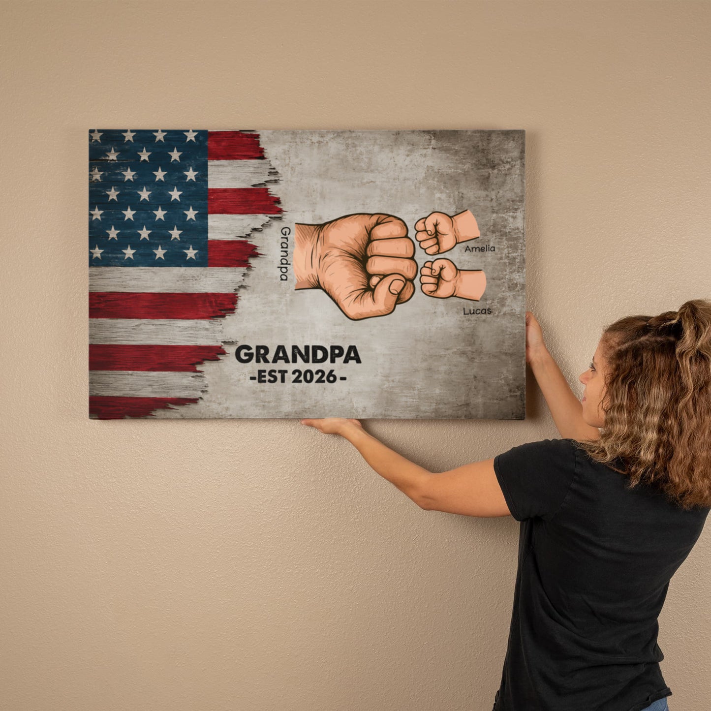 Personalized Grandpa Fist Bump Canvas – Custom Grandkids Names Patriotic Family Wall Art for Grandpa