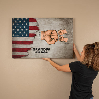Personalized Grandpa Fist Bump Canvas – Custom Grandkids Names Patriotic Family Wall Art for Grandpa