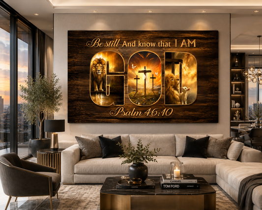 Be Still and Know That I Am God Canvas Wall Art – Psalm 46:10 Christian Lion Cross Decor