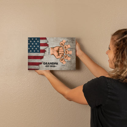 Personalized Grandpa Fist Bump Canvas – Custom Grandkids Names Patriotic Family Wall Art for Grandpa