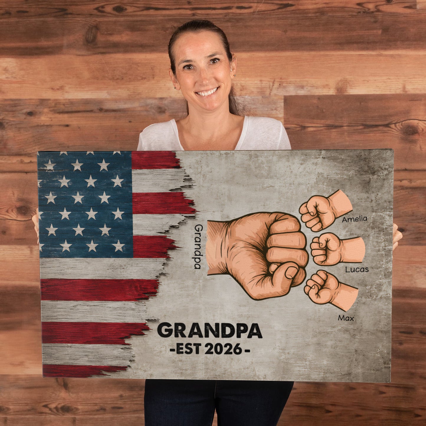 Personalized Grandpa Fist Bump Canvas – Custom Grandkids Names Patriotic Family Wall Art for Grandpa