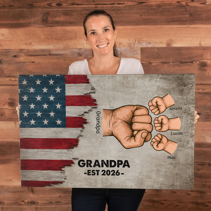 Personalized Grandpa Fist Bump Canvas – Custom Grandkids Names Patriotic Family Wall Art for Grandpa