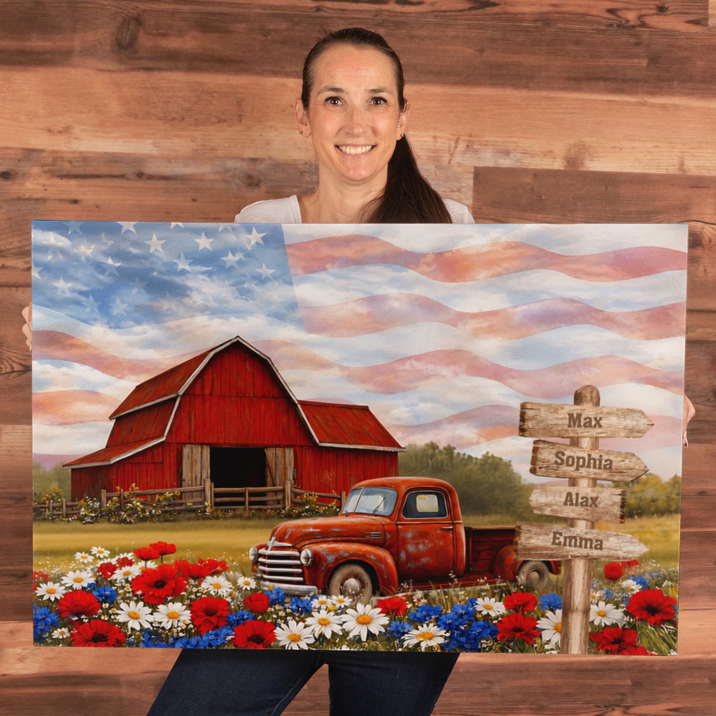 Personalized Patriotic Grandpa Canvas – Custom Grandkids Names Farmhouse American Flag Wall Art