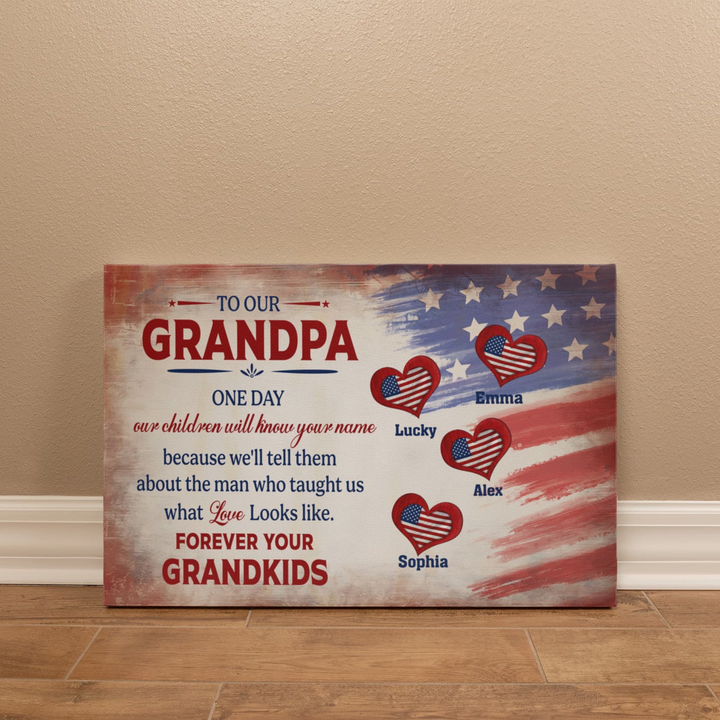 Personalized To Our Grandpa Canvas – Custom Grandkids Names Patriotic Family Wall Art