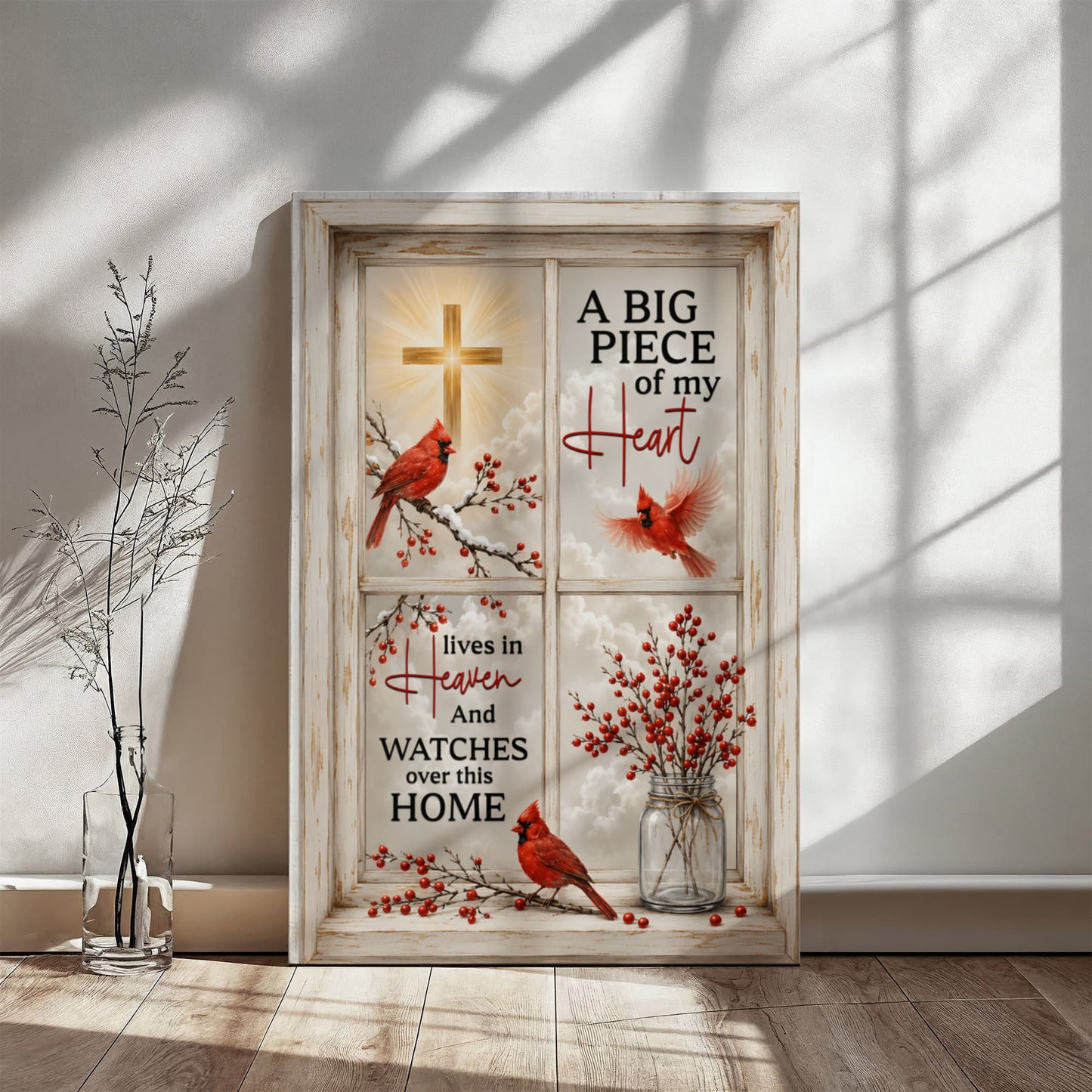 Red cardinals on snowy branches memorial canvas