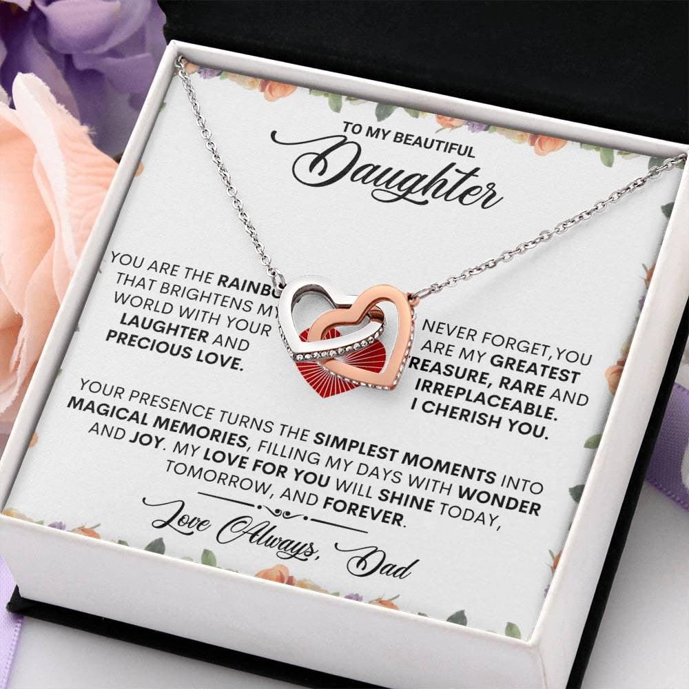 To My Beautiful Daughter Interlocking Hearts Necklace | Daughter Gift from Dad | Two-Tone Heart Pendant | Inspirational Jewelry Gift | Birthday & Christmas Gift for Daughter