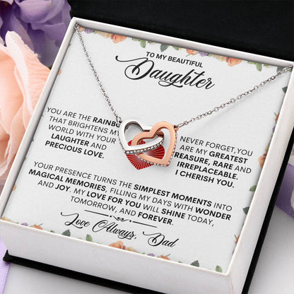 To My Beautiful Daughter Interlocking Hearts Necklace | Daughter Gift from Dad | Two-Tone Heart Pendant | Inspirational Jewelry Gift | Birthday & Christmas Gift for Daughter
