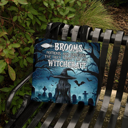 Brooms, Potions & Sarcasm: The Holy Trinity of My Witchcraft” Gothic Halloween Tote Bag !