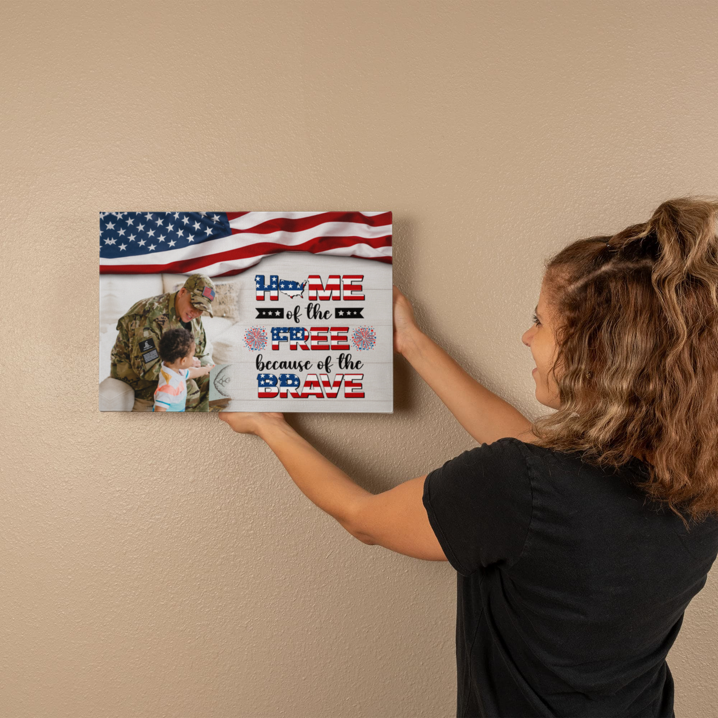 Personalized Patriotic Family Gallery Wrapped Canvas – Custom Home of the Brave Independence Day Wall Art