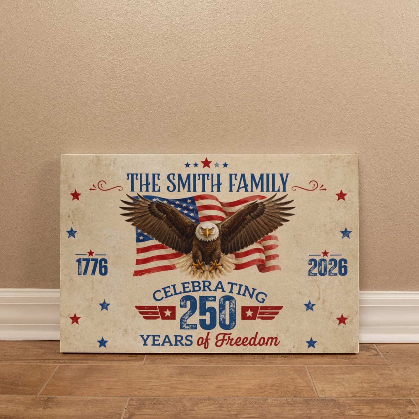 Personalized 250 Years of Freedom Gallery Wrapped Canvas – Custom Family Name Patriotic Eagle Wall Art