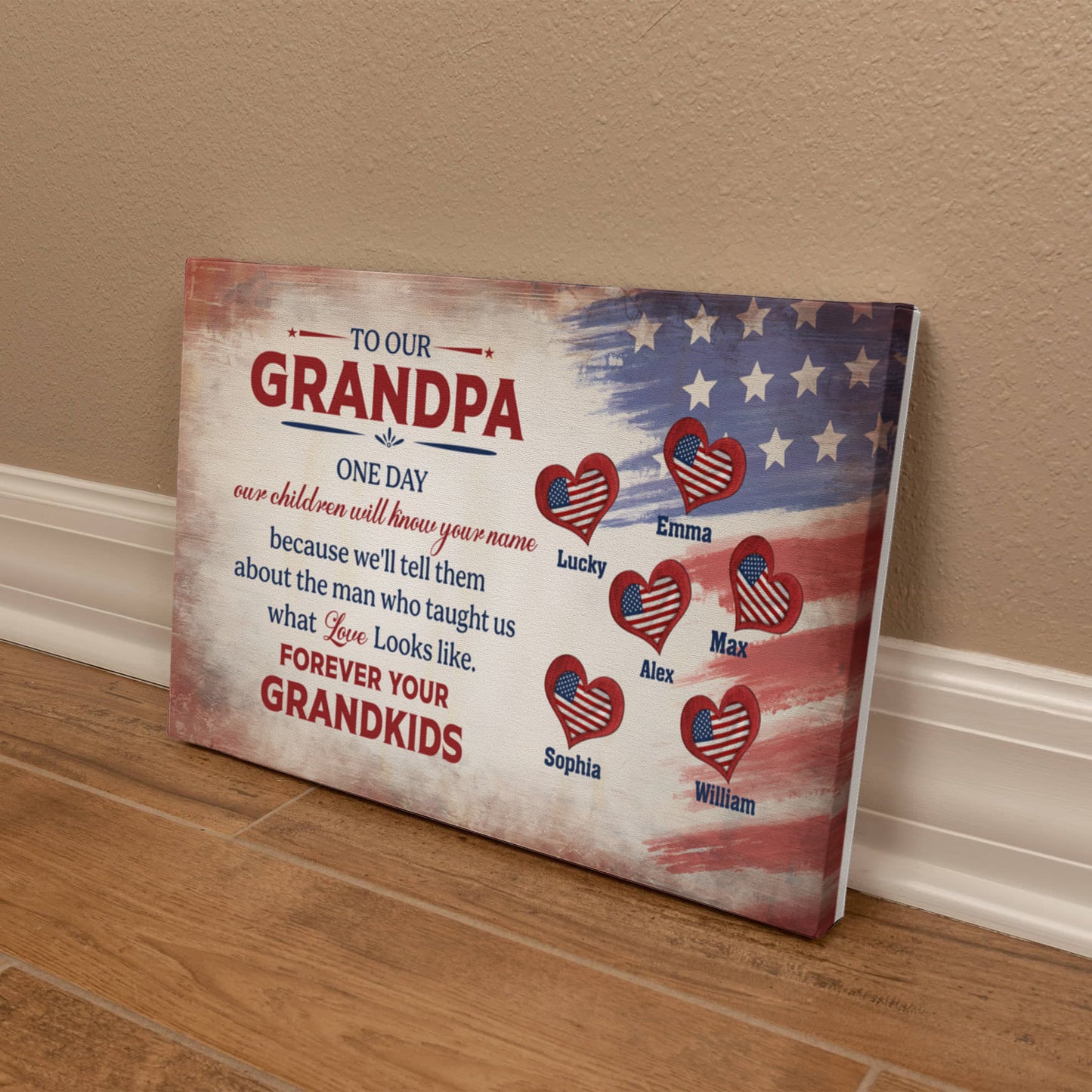 Personalized To Our Grandpa Canvas – Custom Grandkids Names Patriotic Family Wall Art