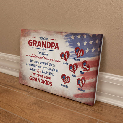 Personalized To Our Grandpa Canvas – Custom Grandkids Names Patriotic Family Wall Art