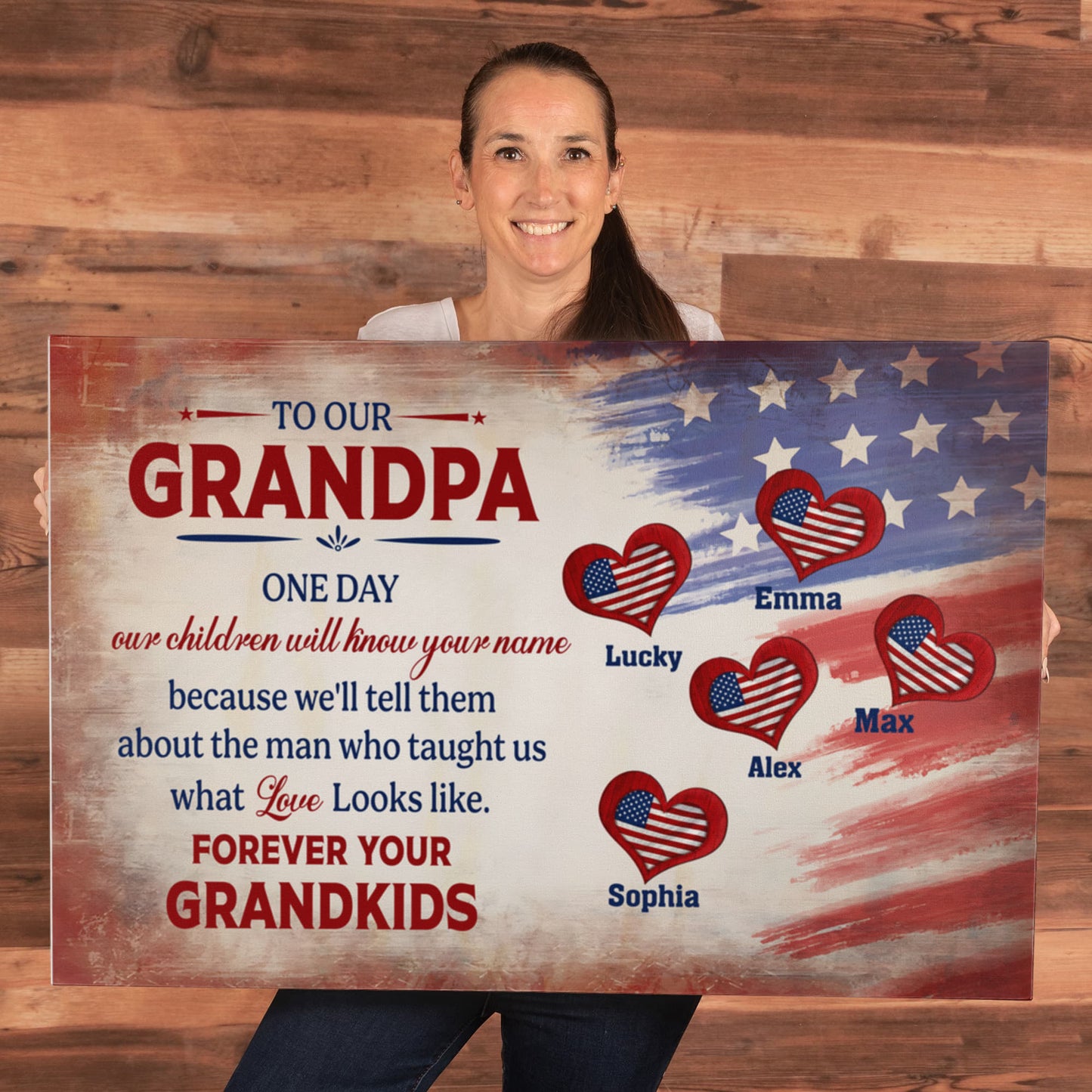 Personalized To Our Grandpa Canvas – Custom Grandkids Names Patriotic Family Wall Art