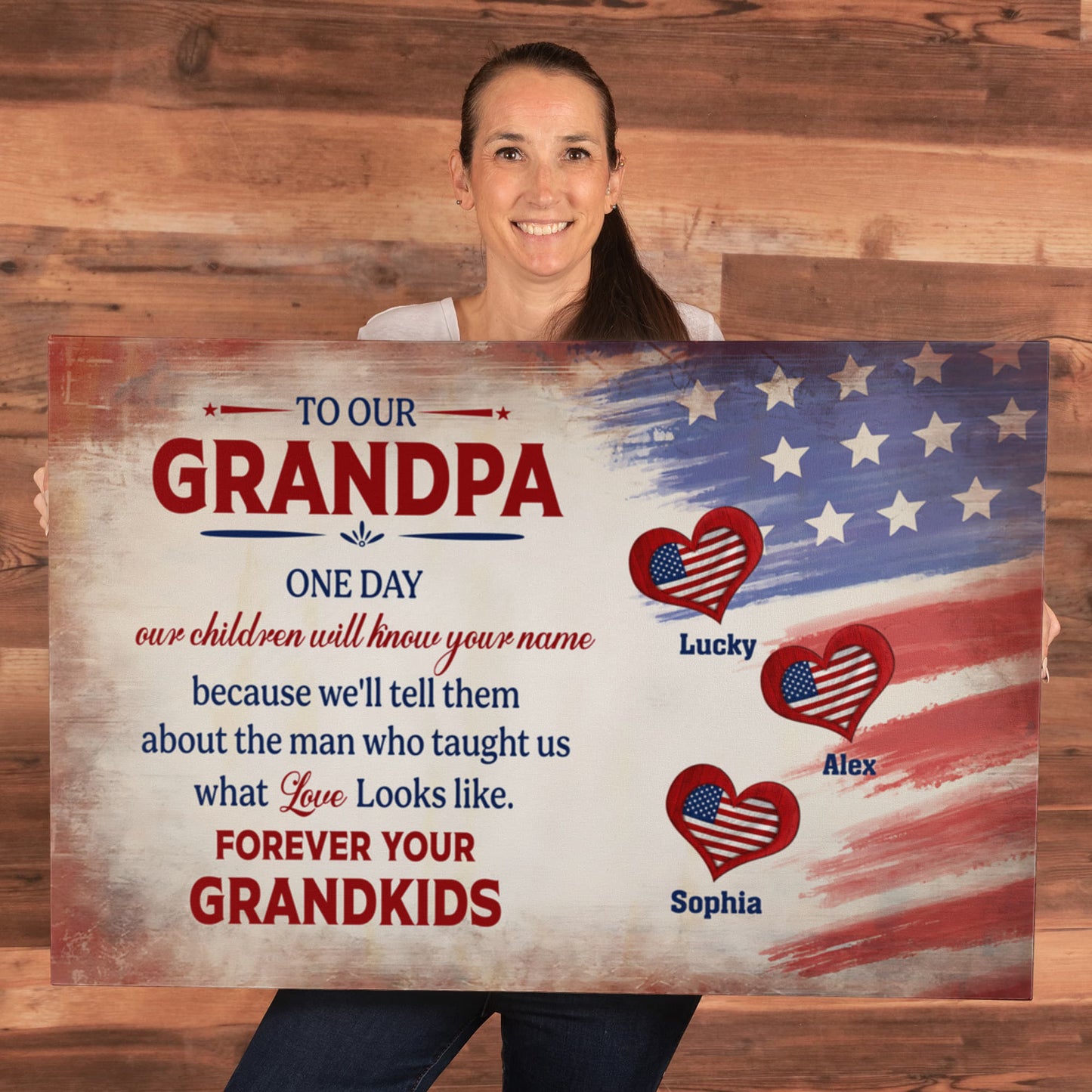 Personalized To Our Grandpa Canvas – Custom Grandkids Names Patriotic Family Wall Art