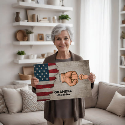 Personalized Grandpa Fist Bump Canvas – Custom Grandkids Names Patriotic Family Wall Art for Grandpa