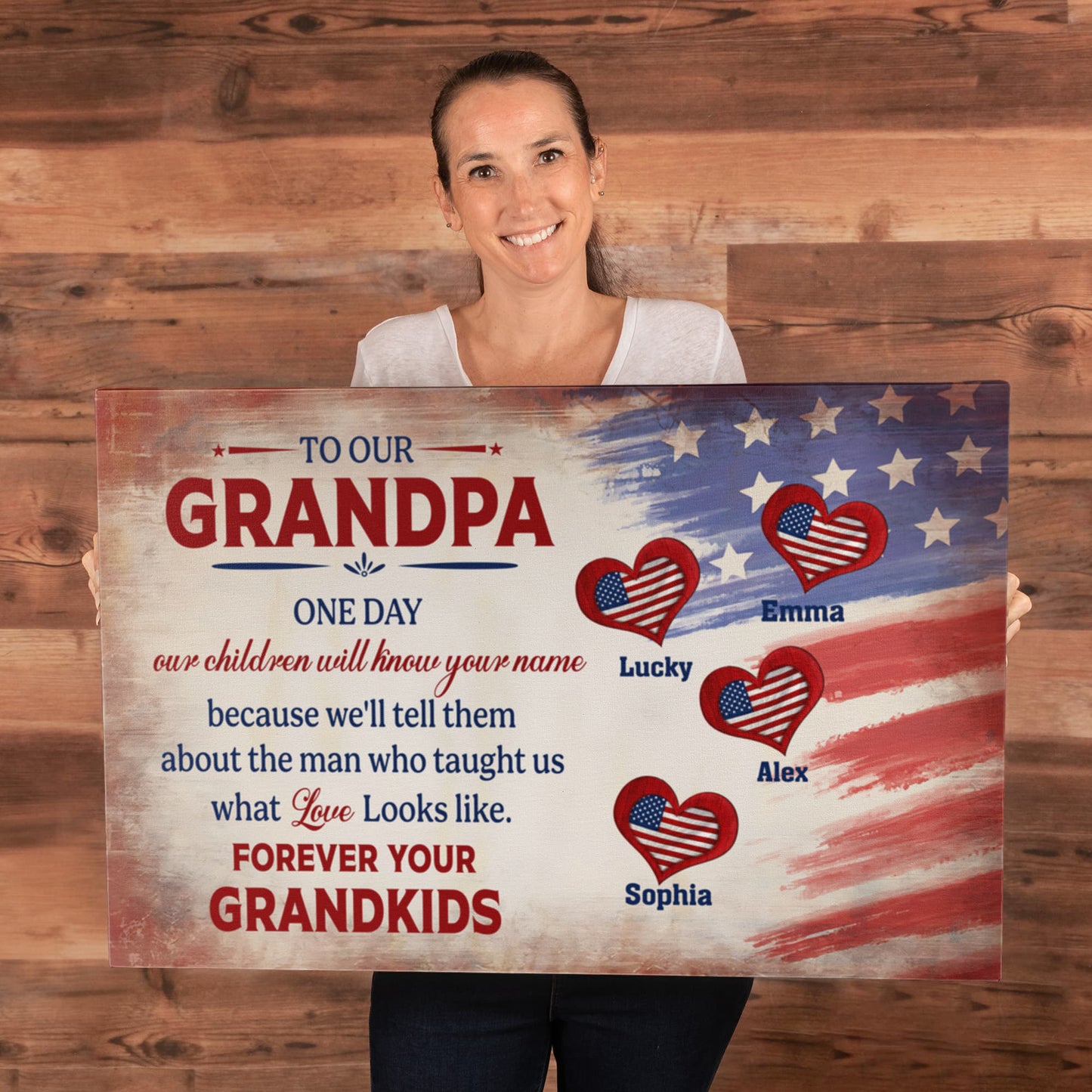 Personalized To Our Grandpa Canvas – Custom Grandkids Names Patriotic Family Wall Art