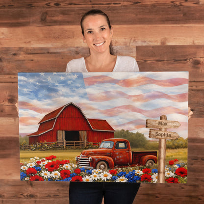 Personalized Patriotic Grandpa Canvas – Custom Grandkids Names Farmhouse American Flag Wall Art