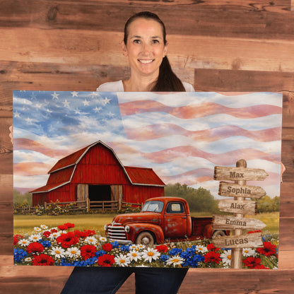Personalized Patriotic Grandpa Canvas – Custom Grandkids Names Farmhouse American Flag Wall Art