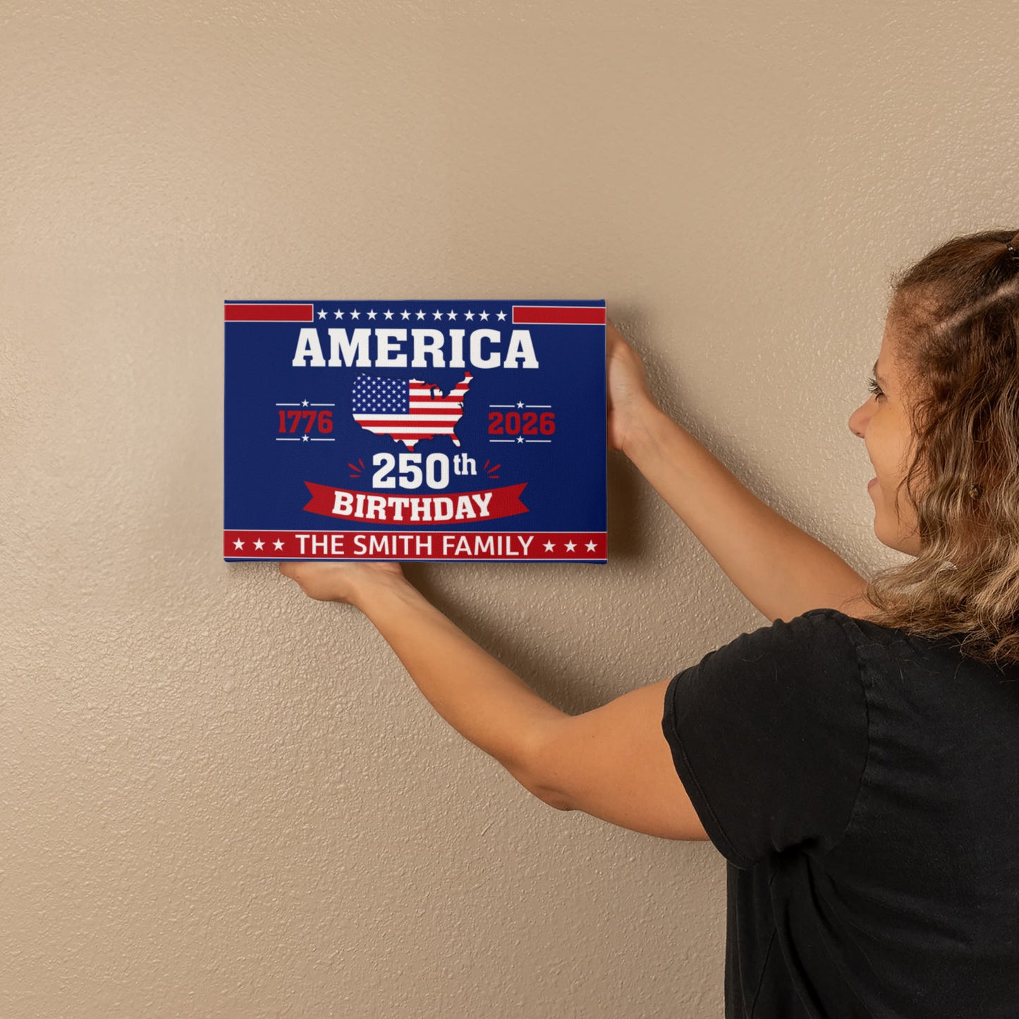 Personalized America 250th Birthday Gallery Wrapped Canvas – Custom Family Name Patriotic Wall Art